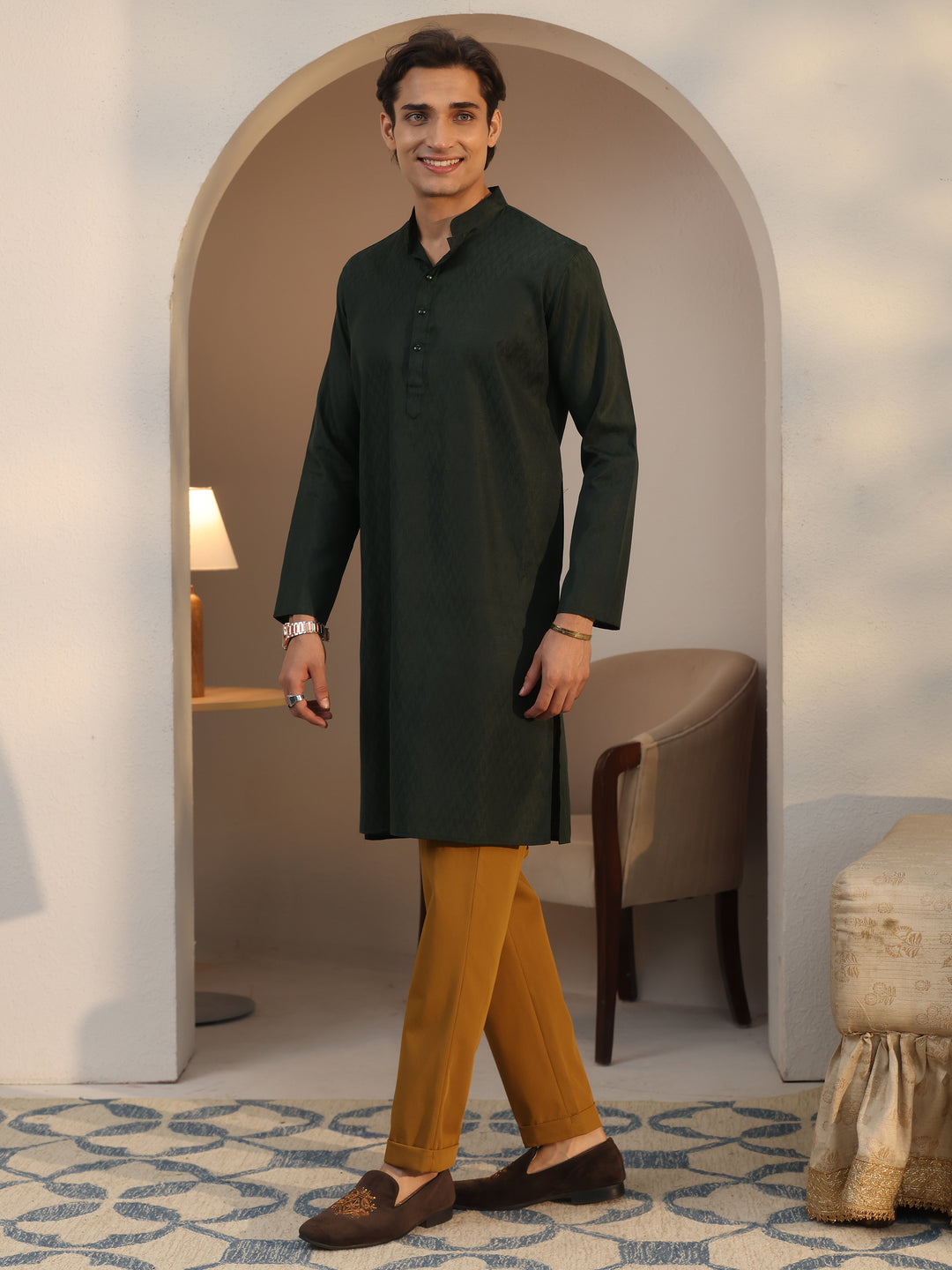  Libas Men's Dark Green Cotton Blend Straight Kurta 