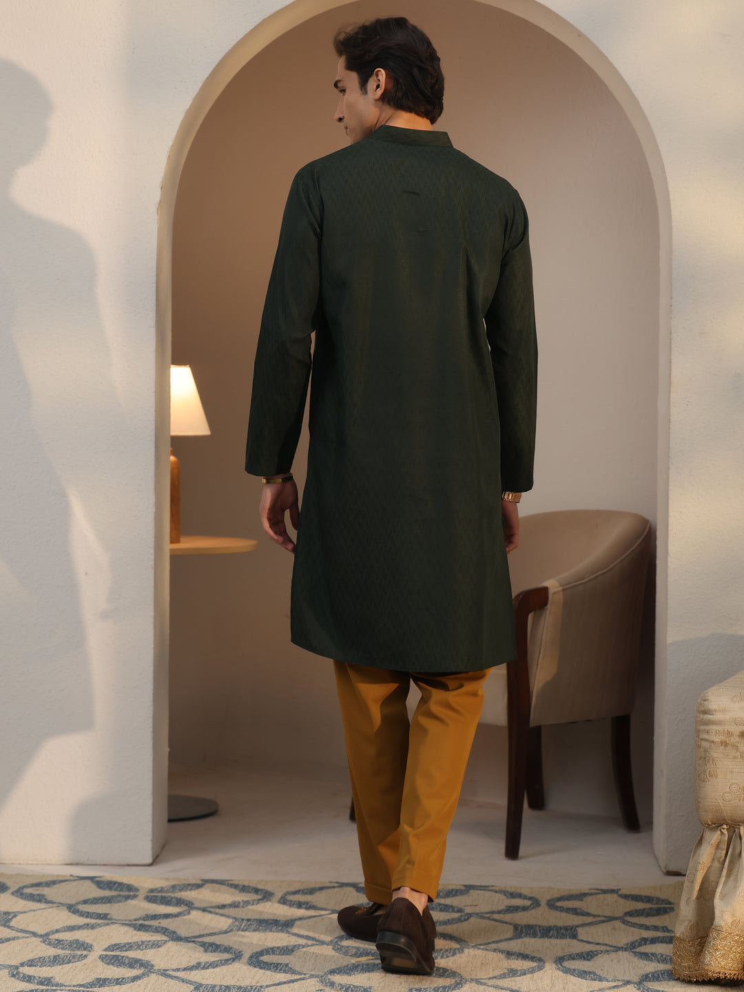  Libas Men's Dark Green Cotton Blend Straight Kurta 