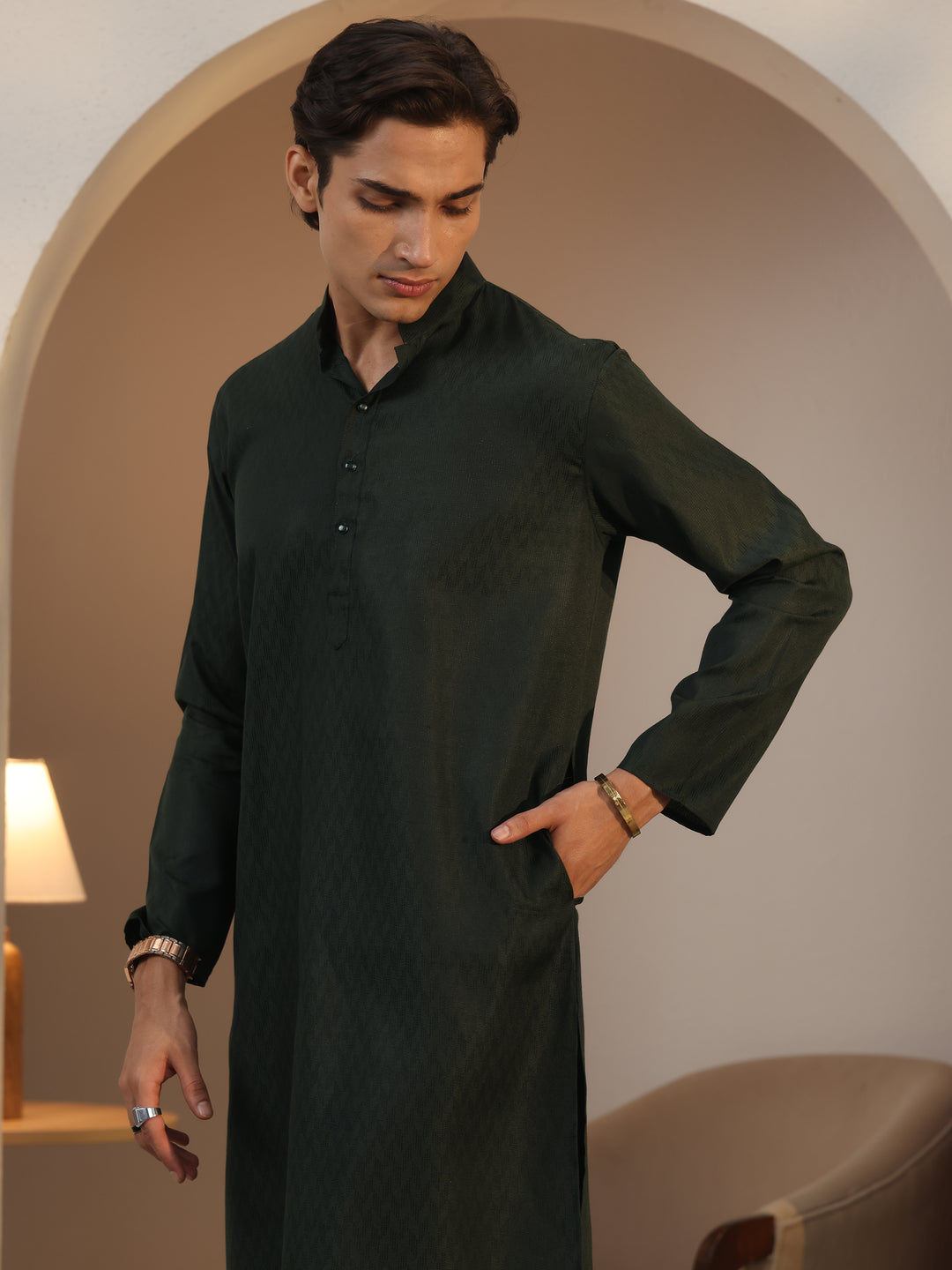  Libas Men's Dark Green Cotton Blend Straight Kurta 