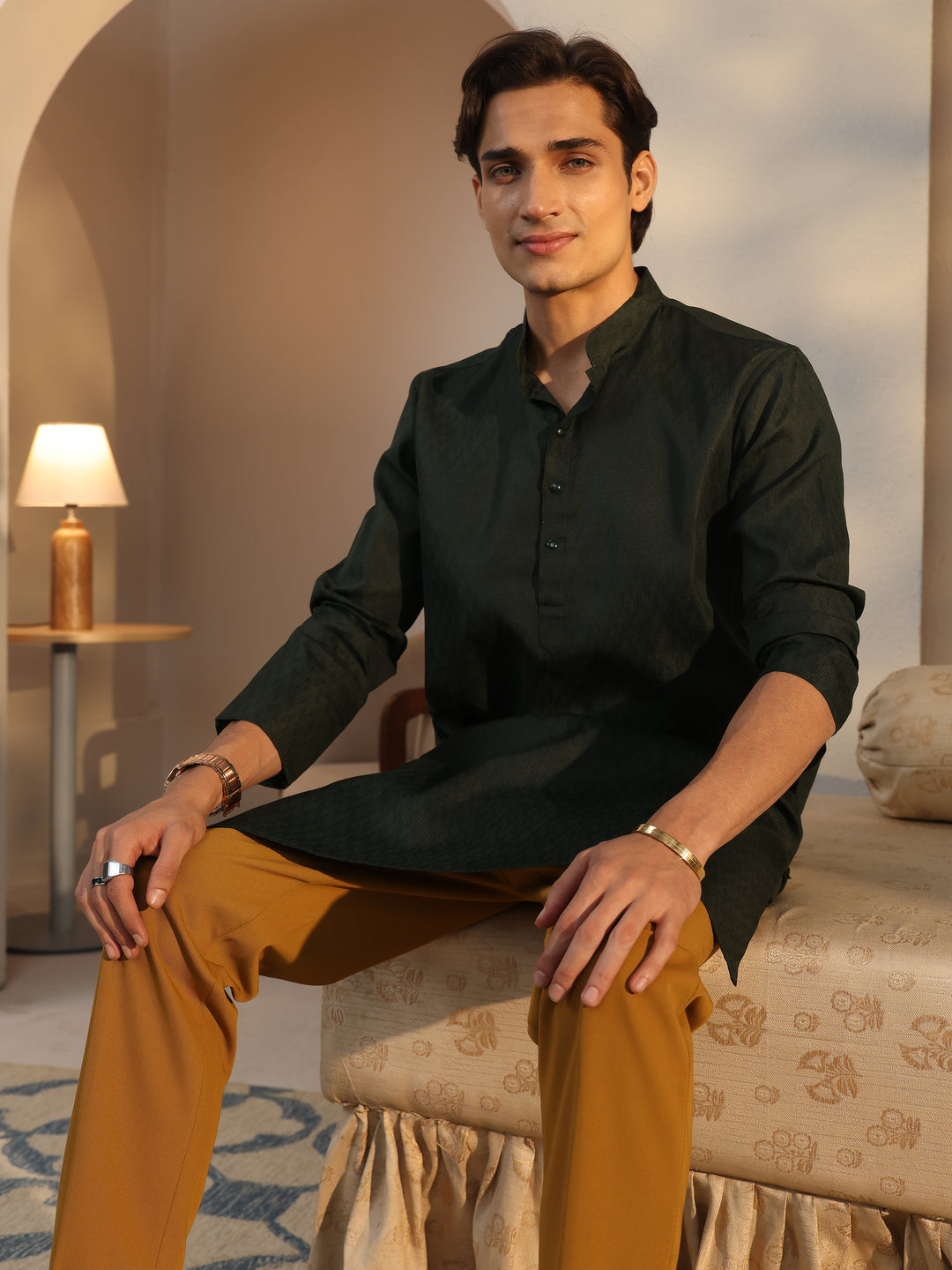  Libas Men's Dark Green Cotton Blend Straight Kurta 