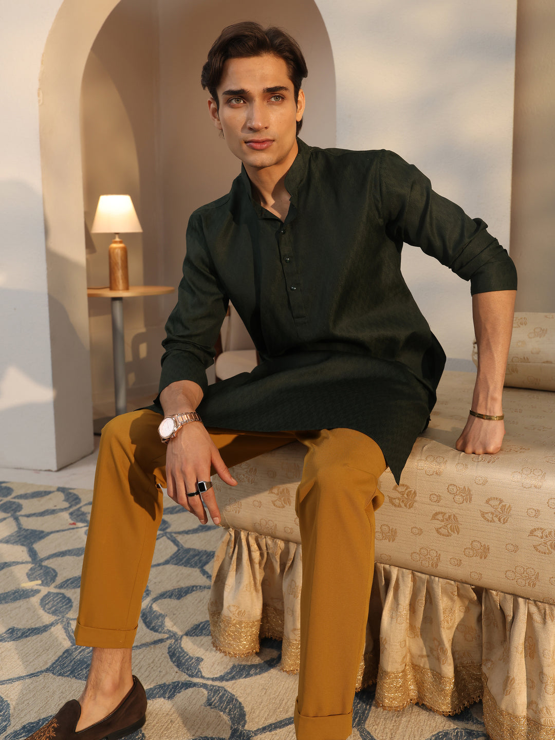  Libas Men's Dark Green Cotton Blend Straight Kurta 