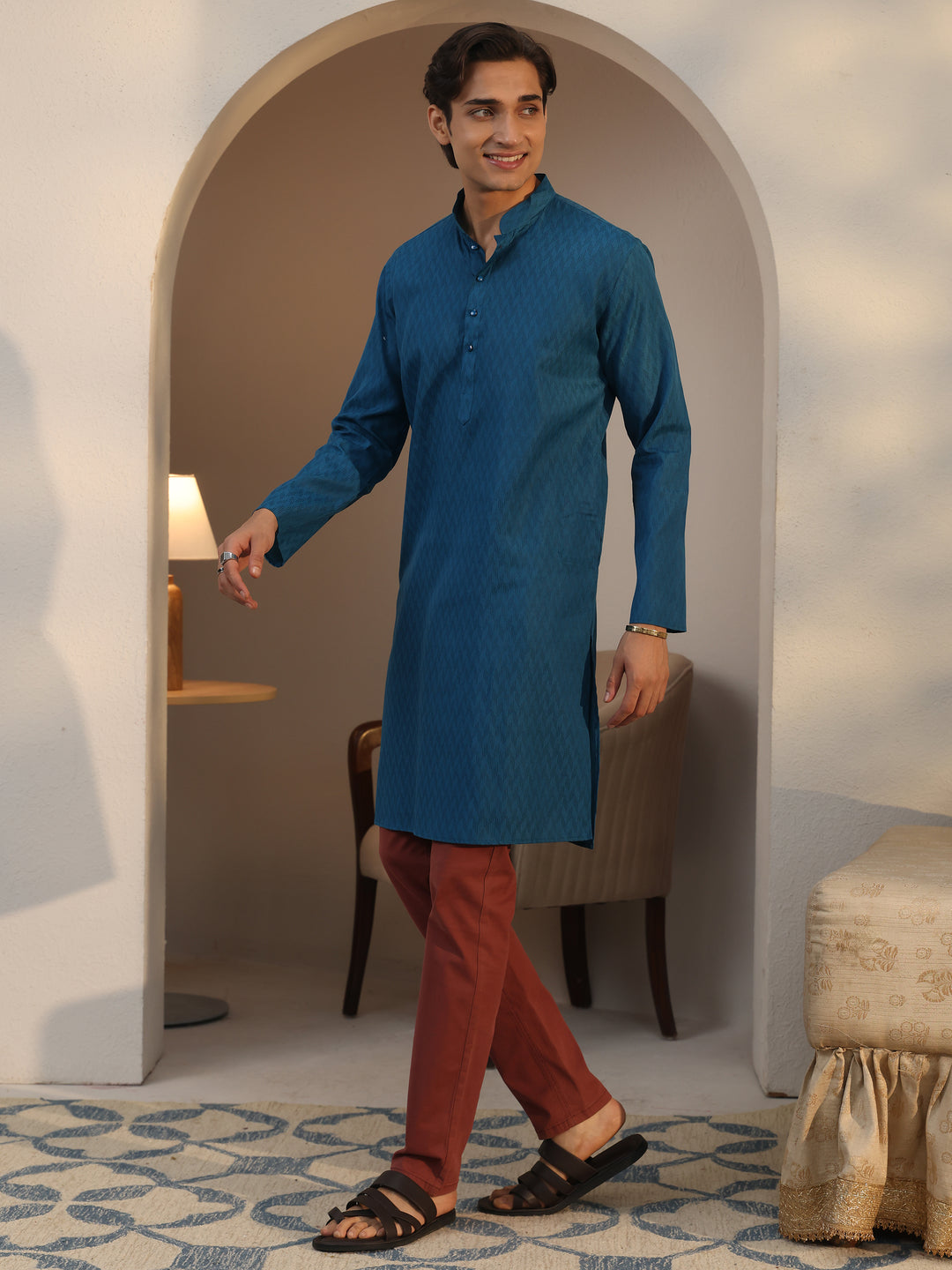 Libas Men's Blue Cotton Blend Straight Kurta 