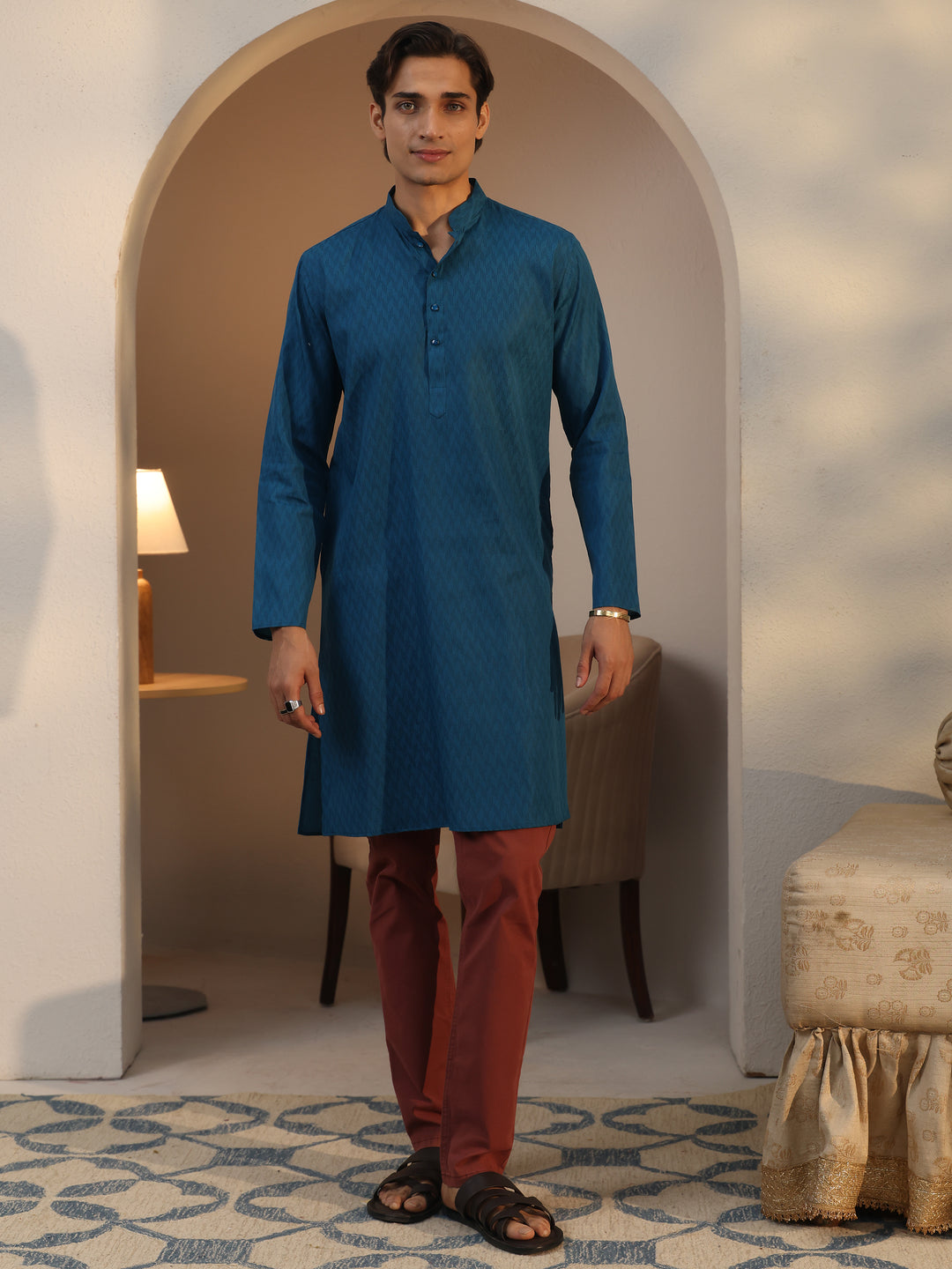  Libas Men's Blue Cotton Blend Straight Kurta 