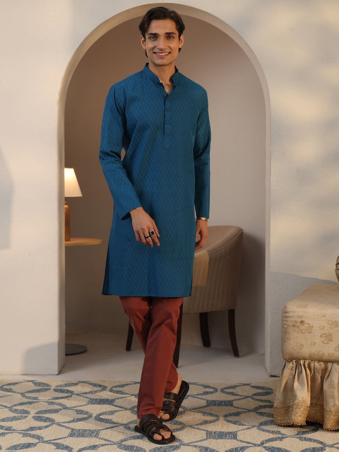Libas Men's Blue Cotton Blend Straight Kurta