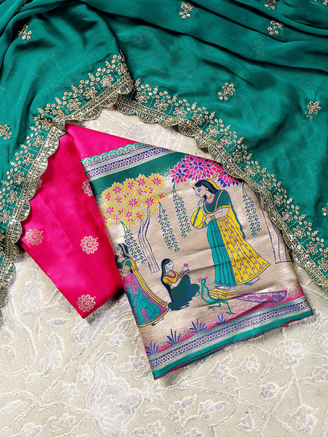  Libas Pink Tribal Printed Brocade Semi-Stitched Lehenga Choli 