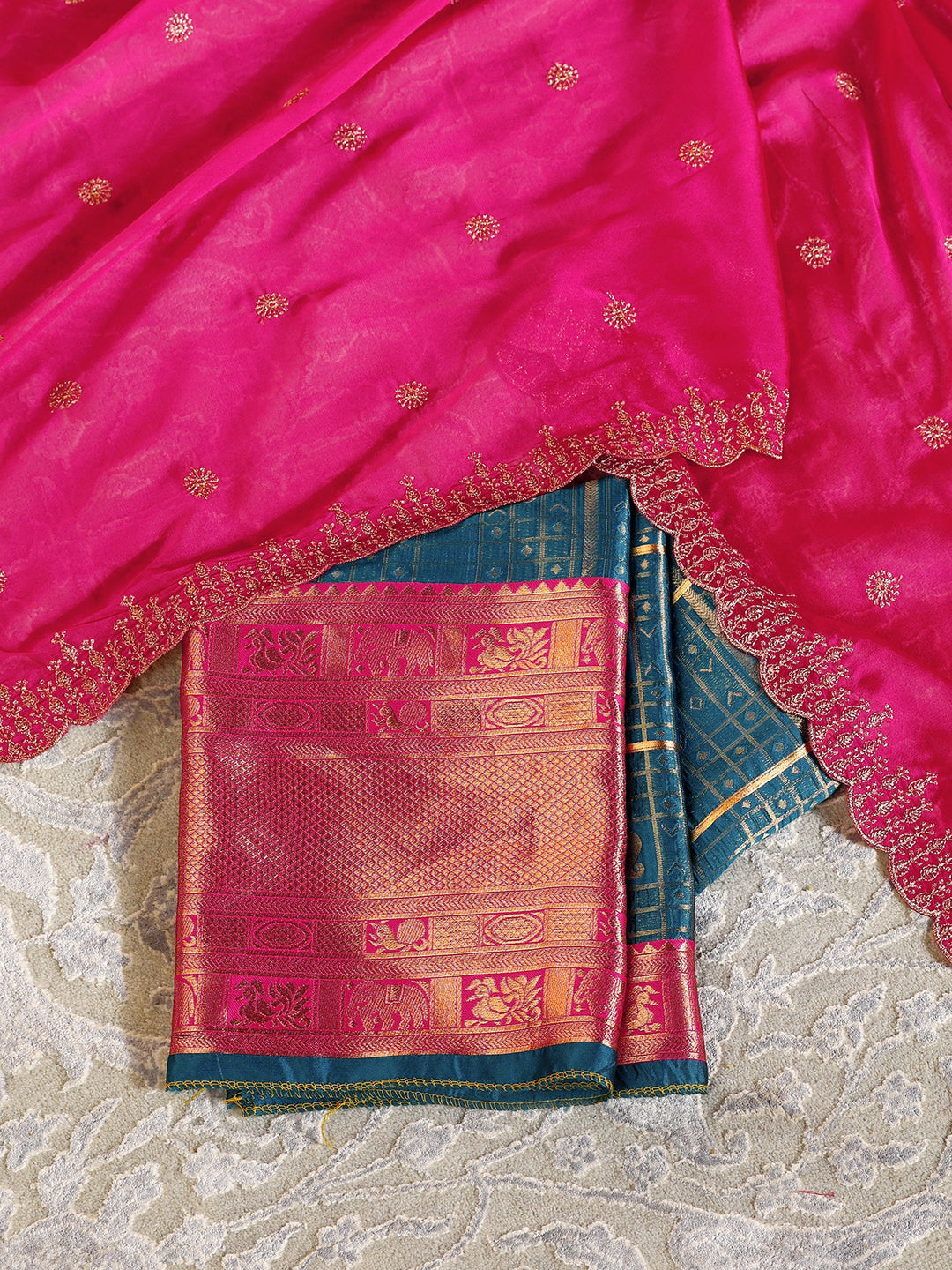  Libas Teal Blue Brocade Semi-Stitched Lehenga Choli 