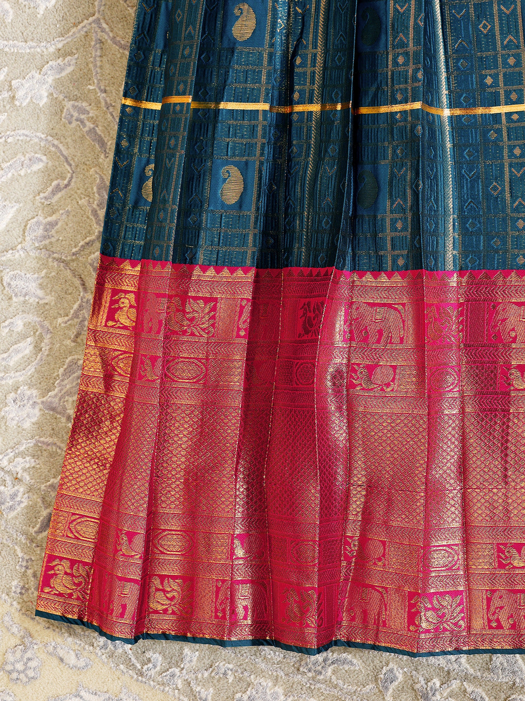  Libas Teal Blue Brocade Semi-Stitched Lehenga Choli 