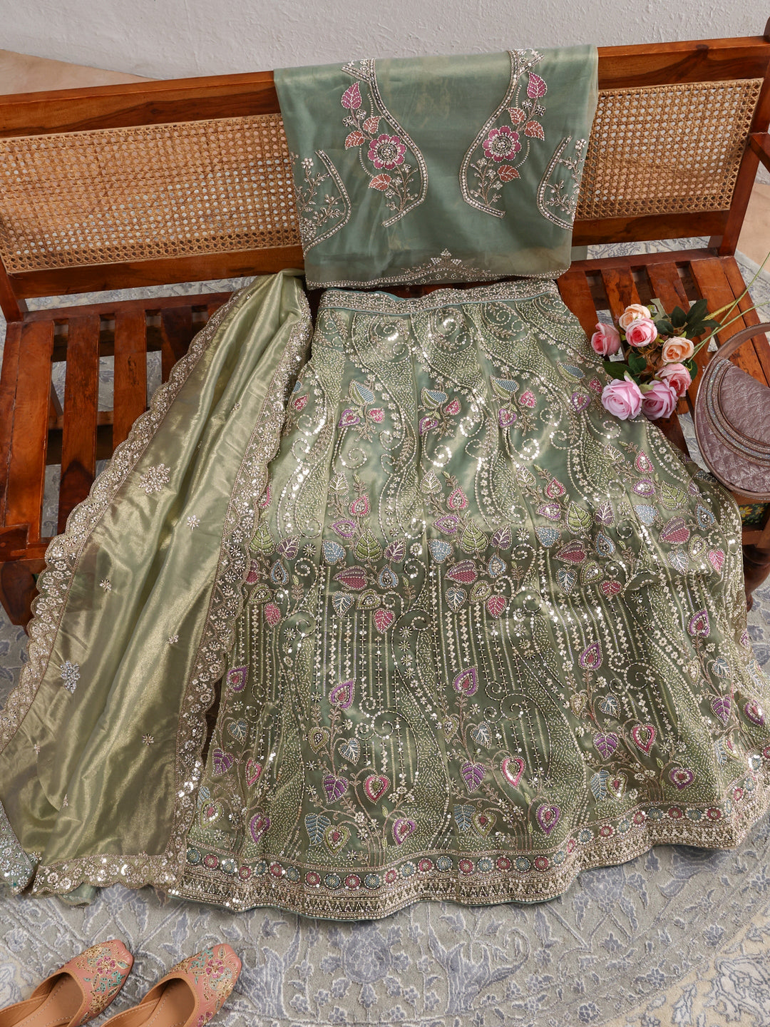  Libas  Green Floral Embellished Tissue Semi-Stitched Lehenga Choli 