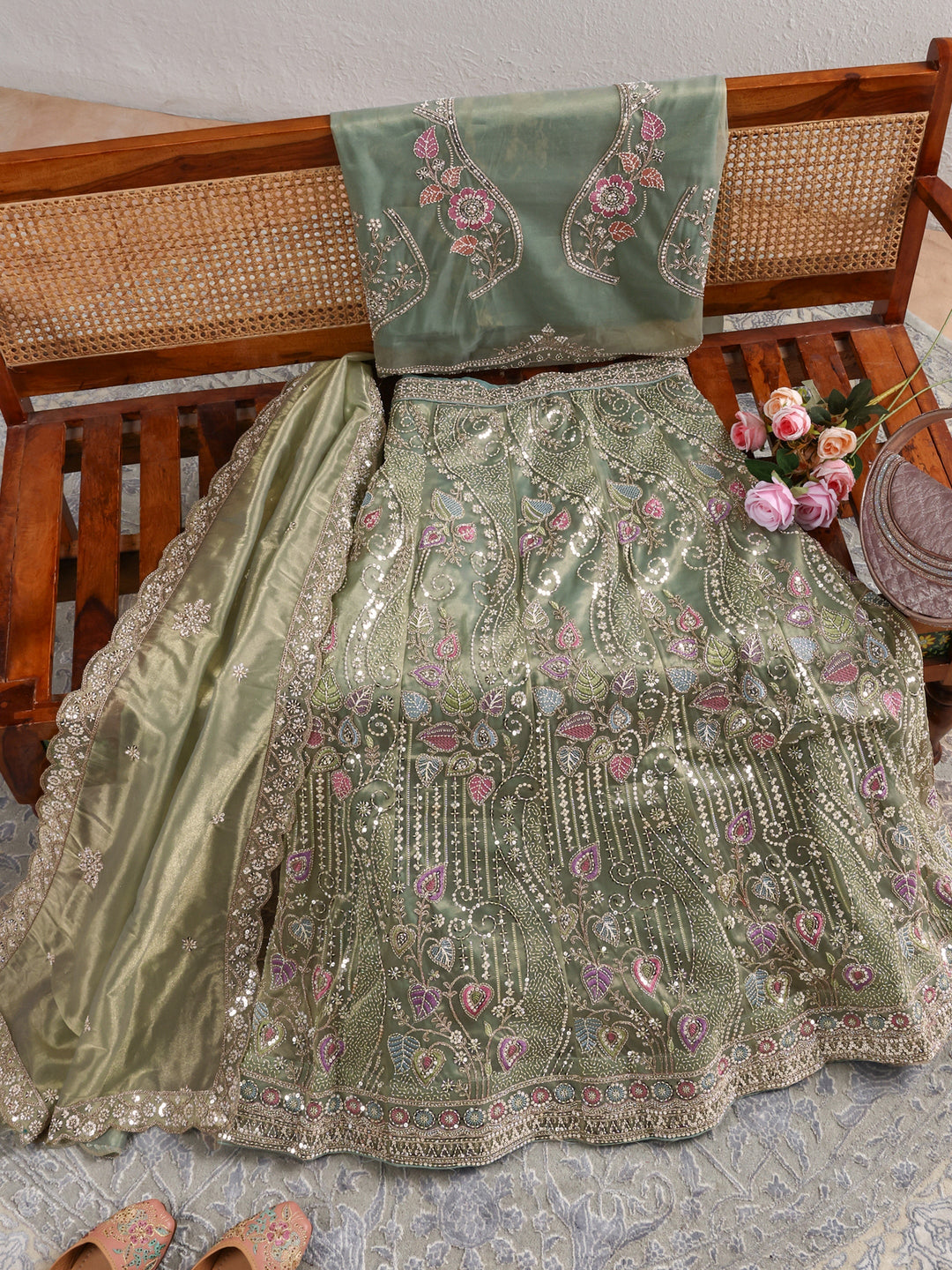  Libas  Green Floral Embellished Tissue Semi-Stitched Lehenga Choli 