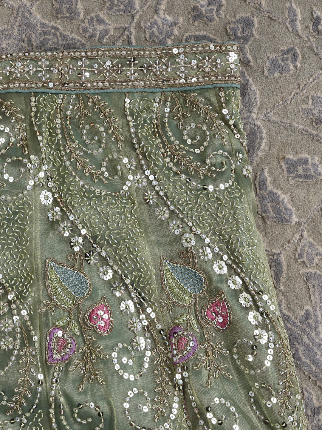  Libas  Green Floral Embellished Tissue Semi-Stitched Lehenga Choli 