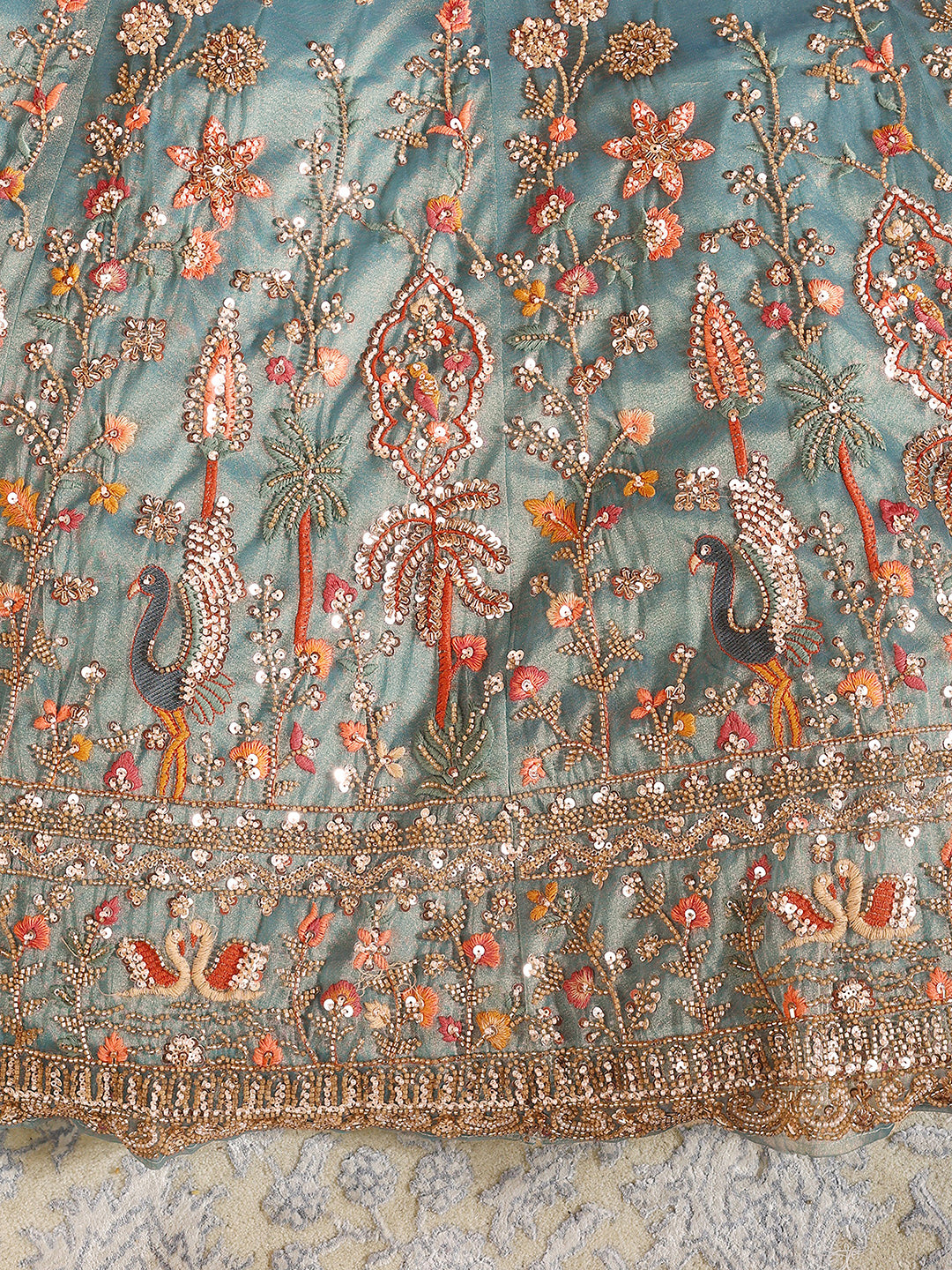  Libas Art Turquoise Blue Floral Embellished Net Semi-Stitched Lehenga Choli 