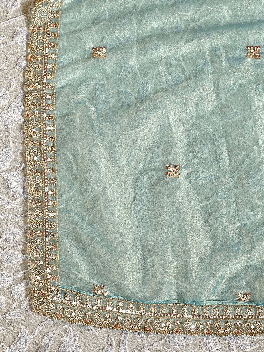  Libas Art Turquoise Blue Floral Embellished Net Semi-Stitched Lehenga Choli 