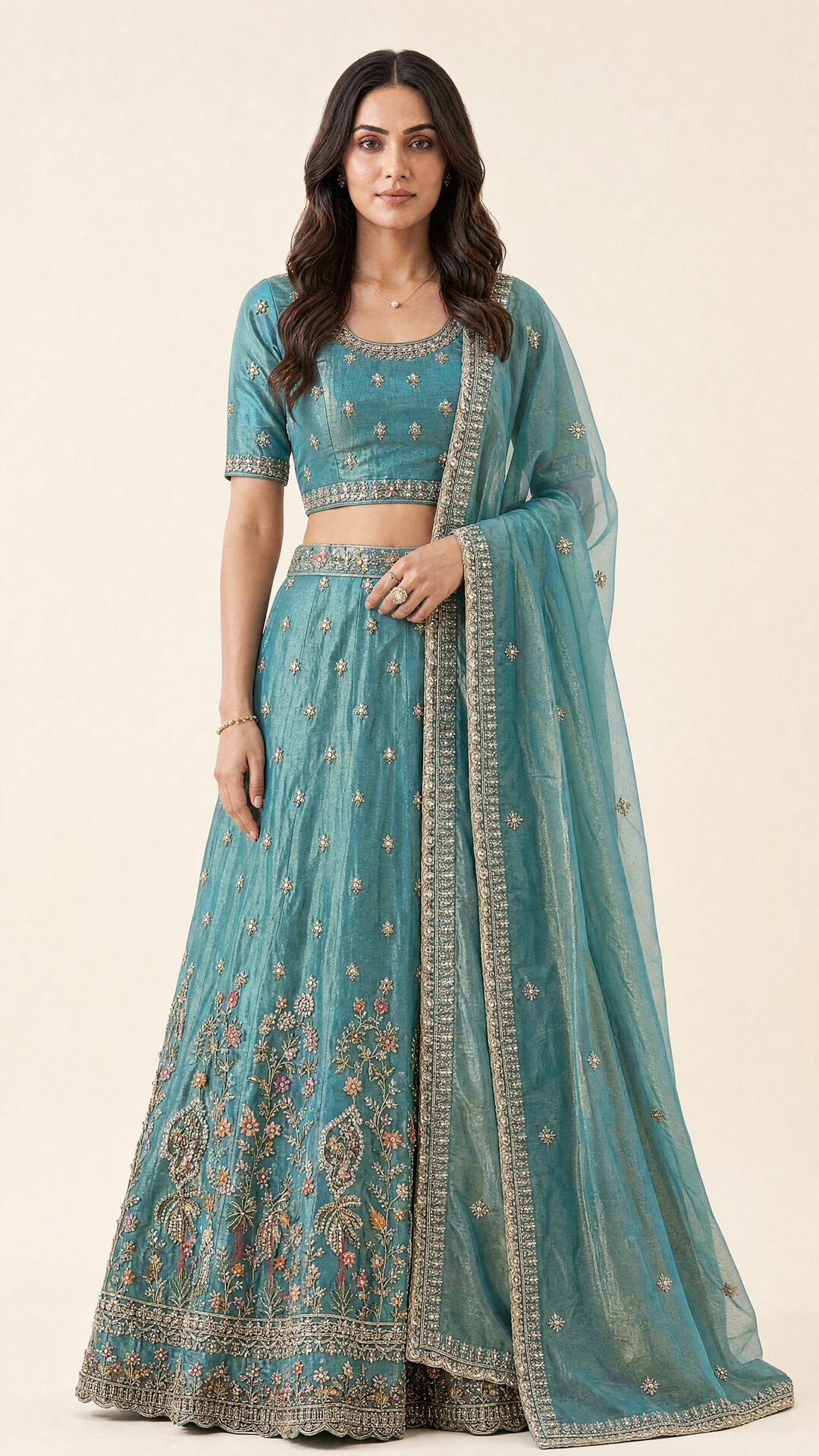  Libas Art Turquoise Blue Floral Embellished Net Semi-Stitched Lehenga Choli 