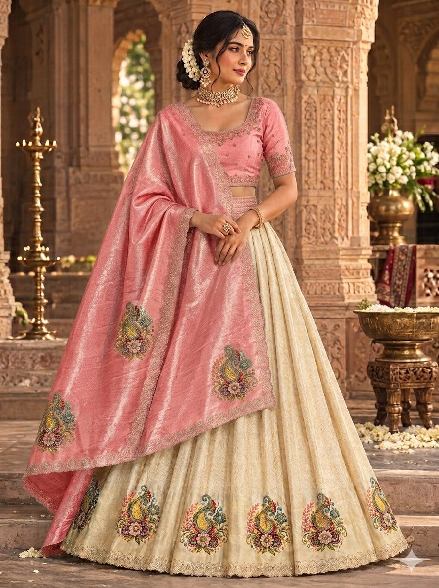  Libas Art Golden Embroidered Silk Blend Semi-Stitched Lehenga Choli 