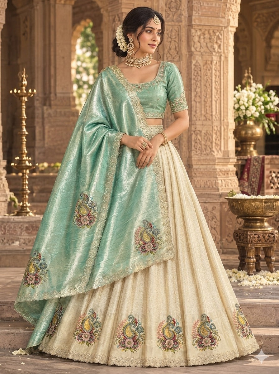  Libas Art Golden Embroidered Silk Blend Semi-Stitched Lehenga Choli 