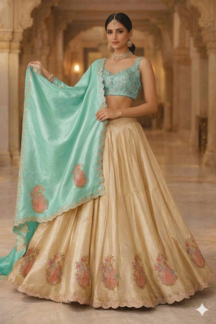  Libas Art Golden Embroidered Silk Blend Semi-Stitched Lehenga Choli 