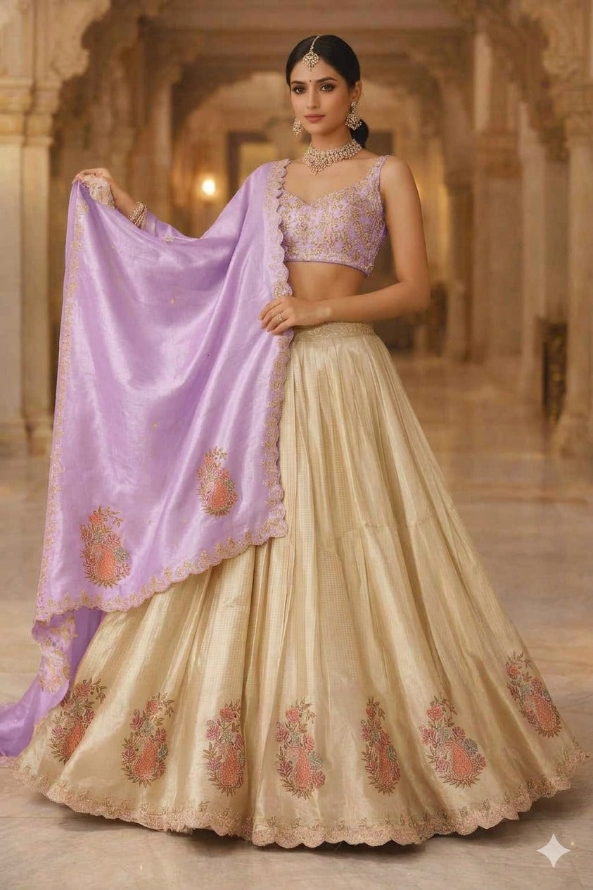  Libas Art Golden Embroidered Silk Blend Semi-Stitched Lehenga Choli 