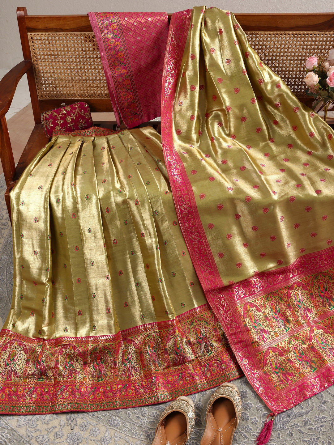  Libas Green Mughal Woven Design Silk Blend Semi-Stitched Lehenga Choli 