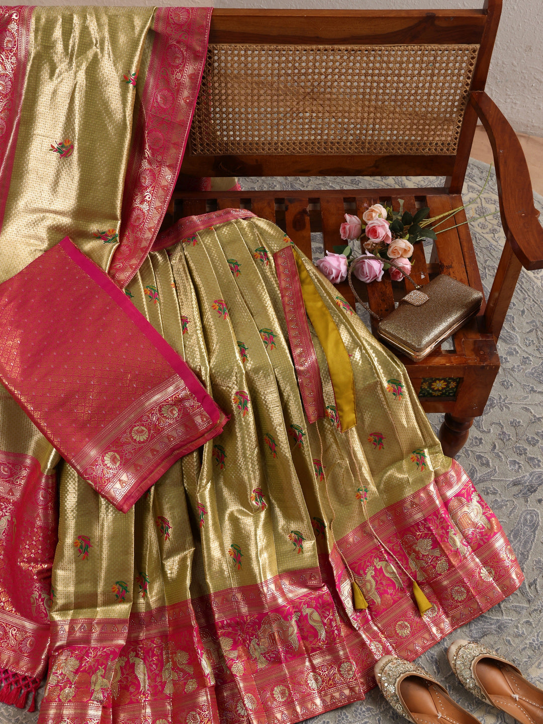  Libas Green Woven Design Silk Blend Semi-Stitched Lehenga Choli 