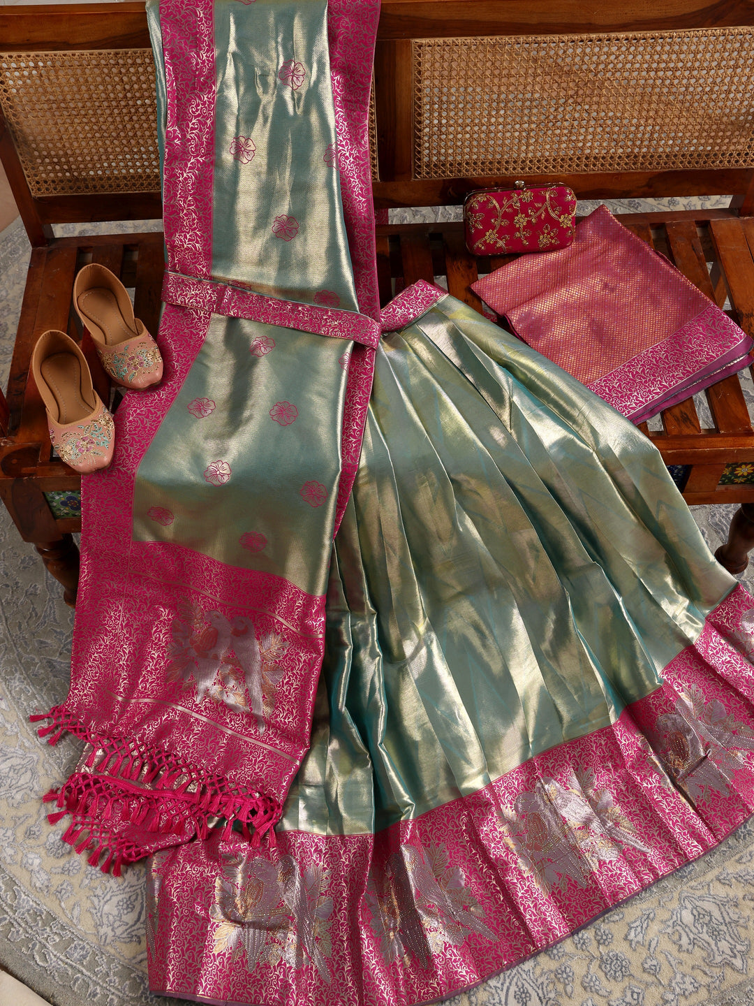  Libas Green Woven Design Silk Blend Semi-Stitched Lehenga Choli 