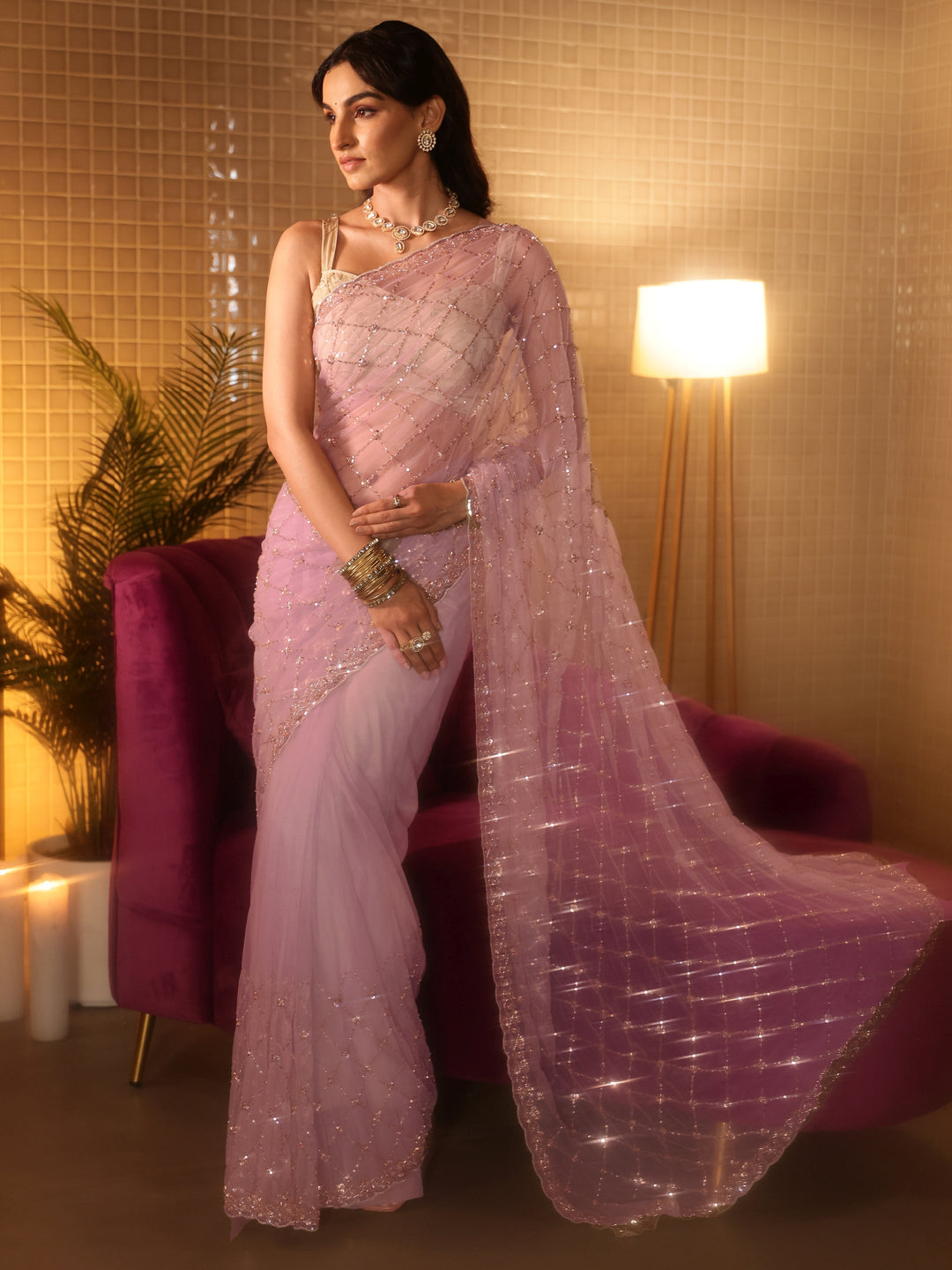  Lavender Embellished Net Saree 