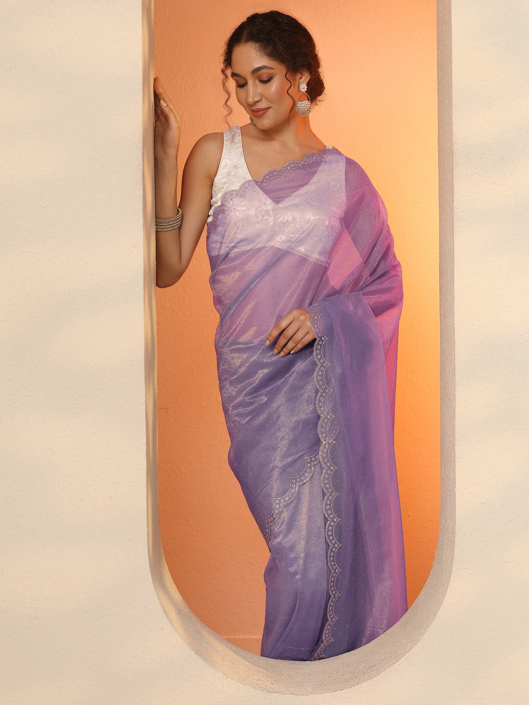  Lavender Embellished Nylon Saree With Unstitched Blouse Piece 