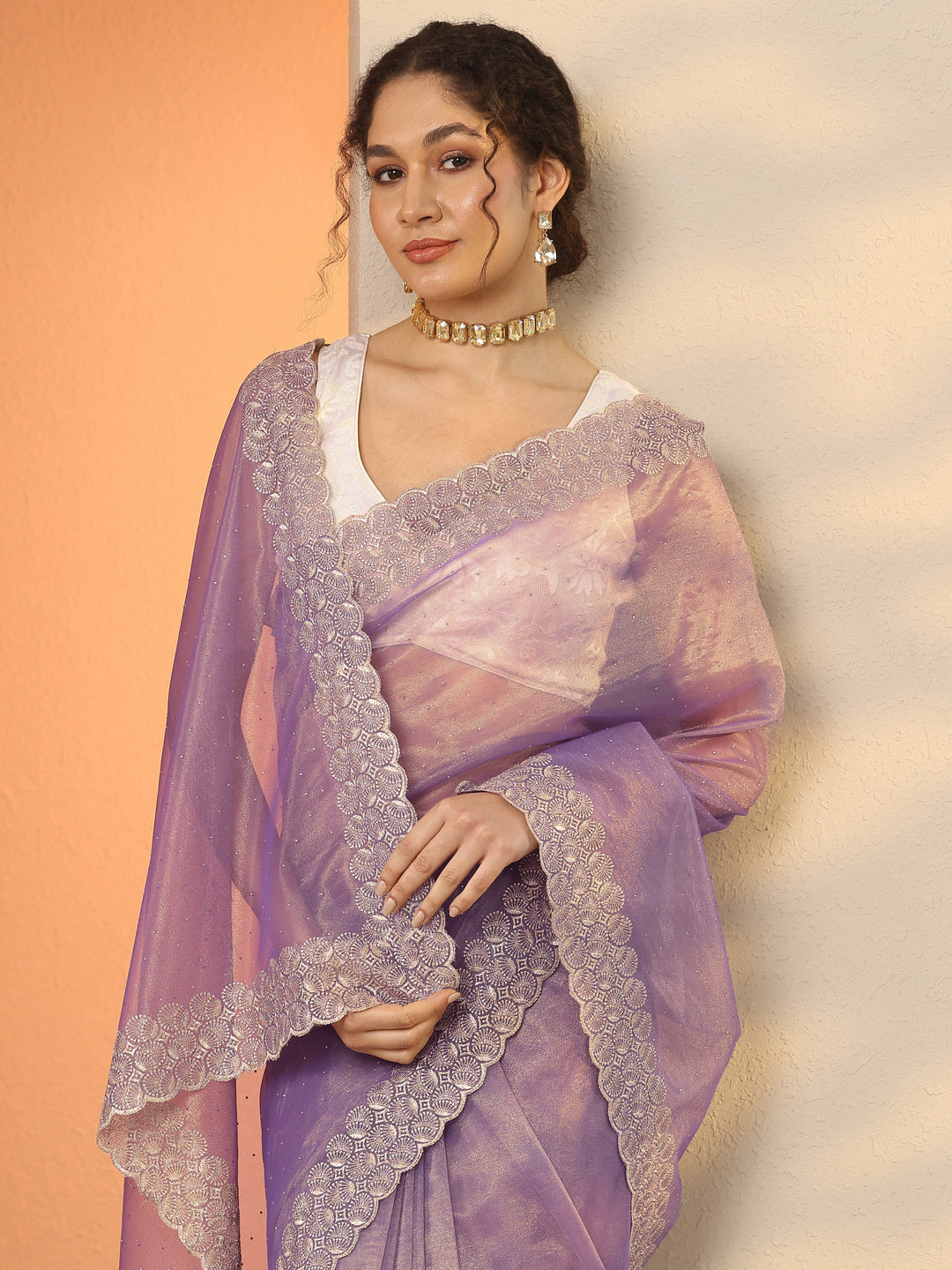 Lavender Embellished Nylon Saree With Unstitched Blouse Piece