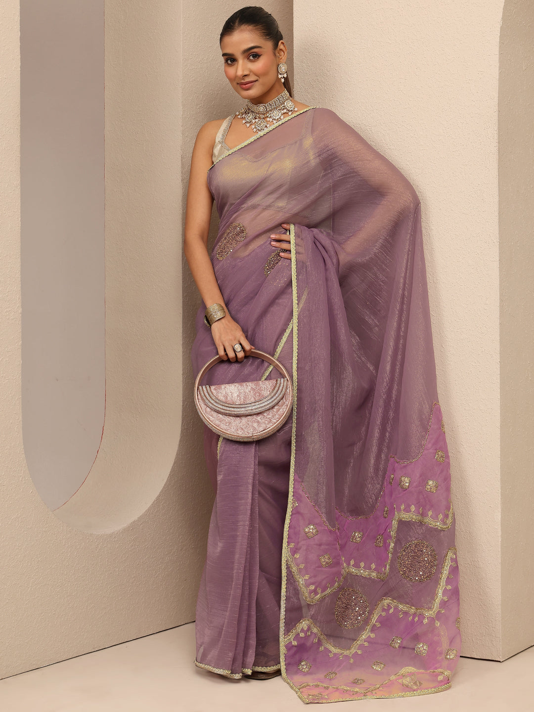 Lavender Embellished Silk Blend Saree With Unstitched Blouse Piece