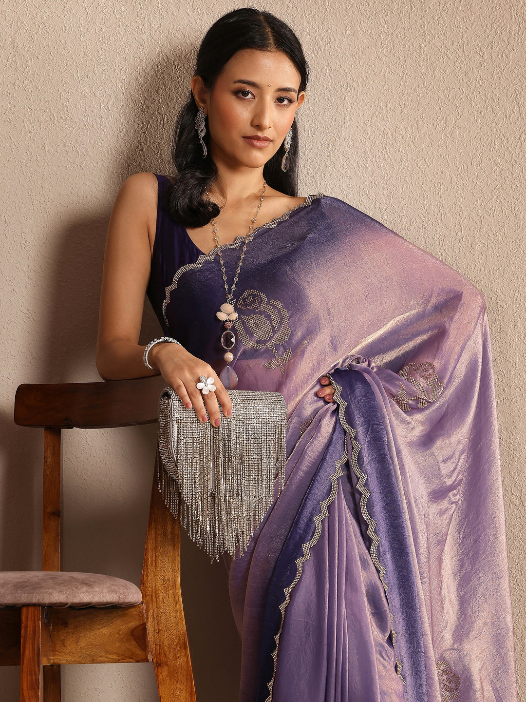 Lavender Embellished Silk Blend Saree With Unstitched Blouse Piece