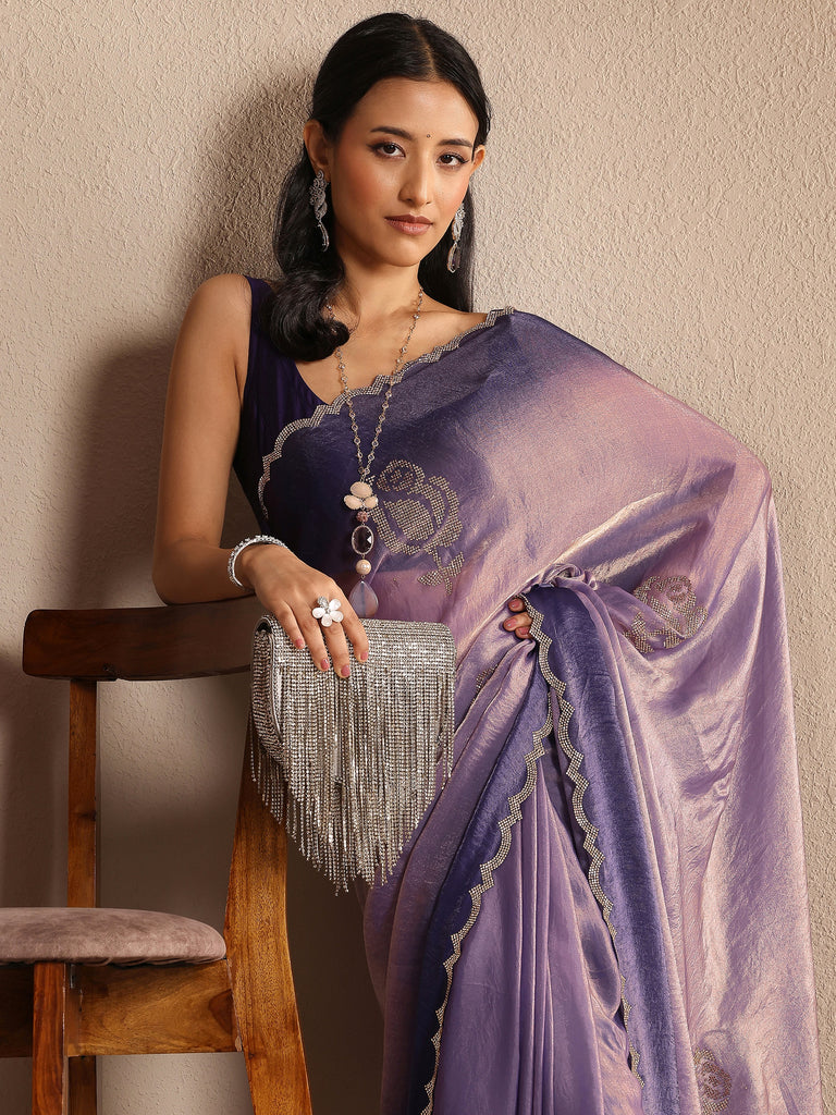 Libas Lavender Embellished Silk Blend Saree With Unstitched Blouse Piece