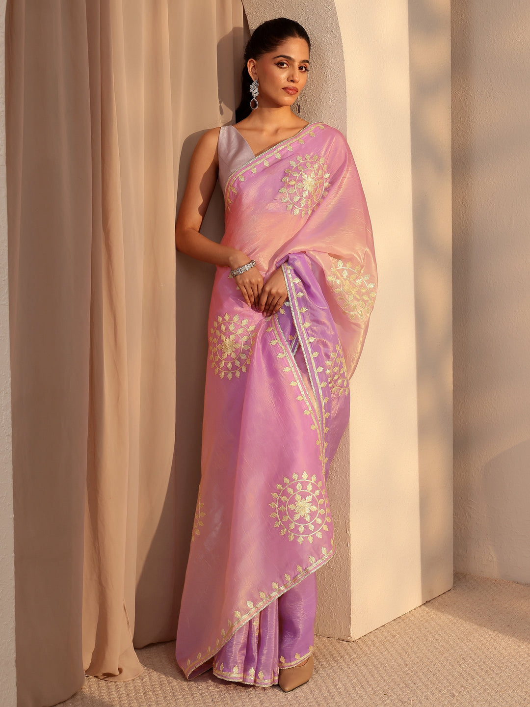  Lavender Ethnic Embroidered Ombre Satin Saree 