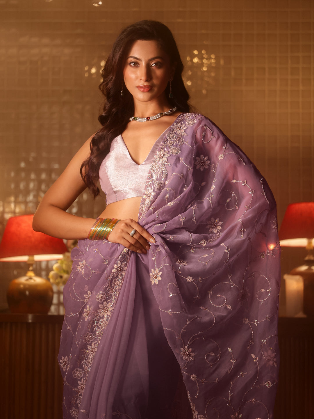  Lavender Floral Embroidered Chiffon Saree 