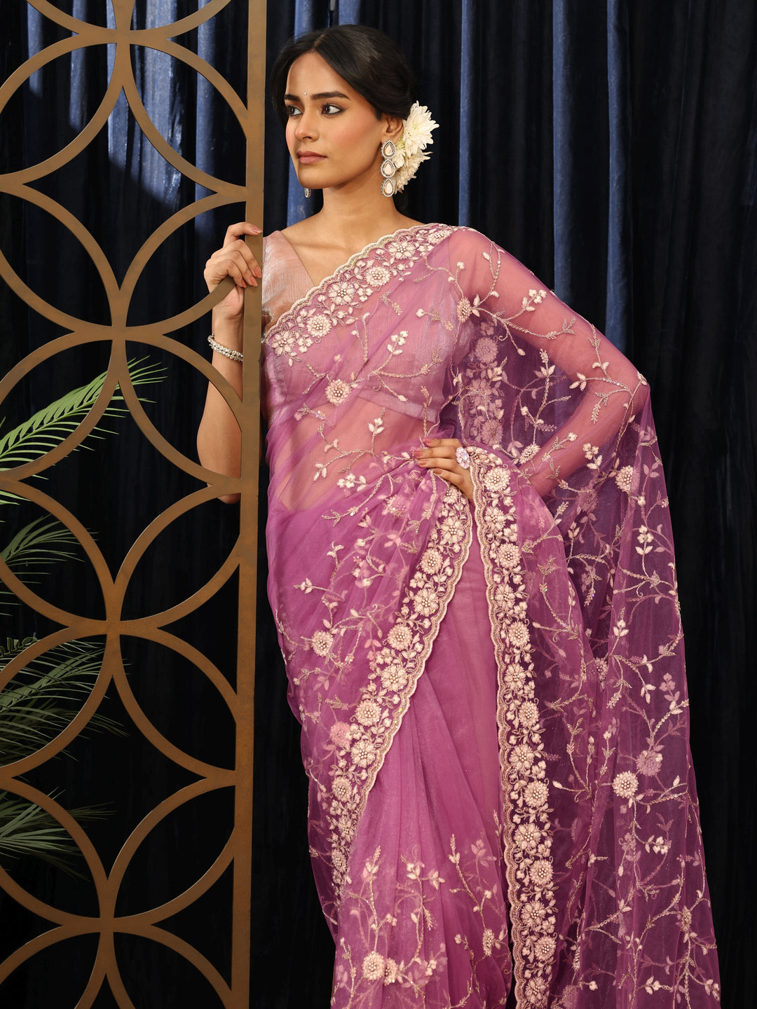 Lavender Floral Embroidered Net Saree 