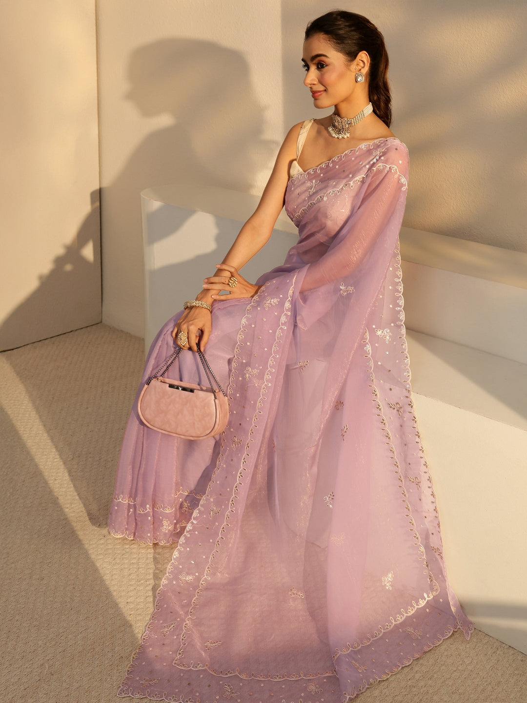  Lavender Floral Embroidered Tissue Saree 