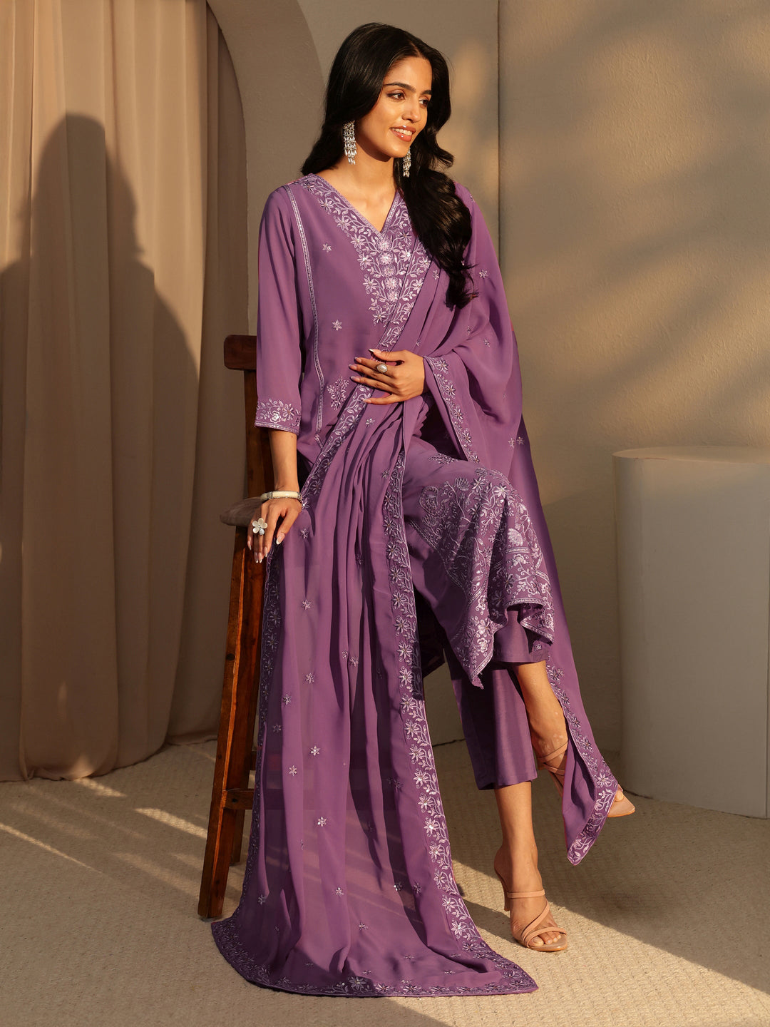  Lavender Floral Embroidery Straight Georgette Suit Set 