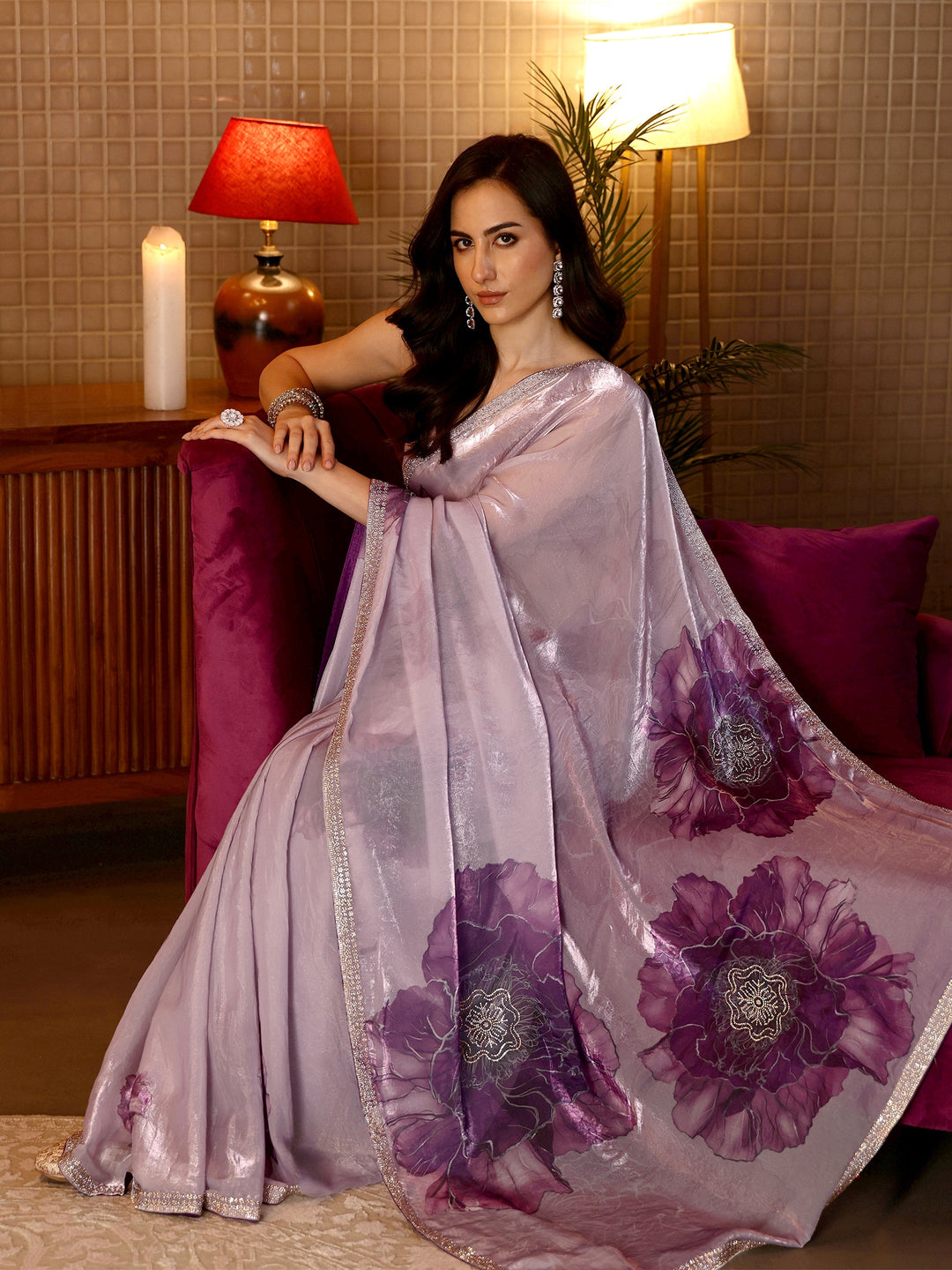  Lavender Floral Printed Tissue Saree 
