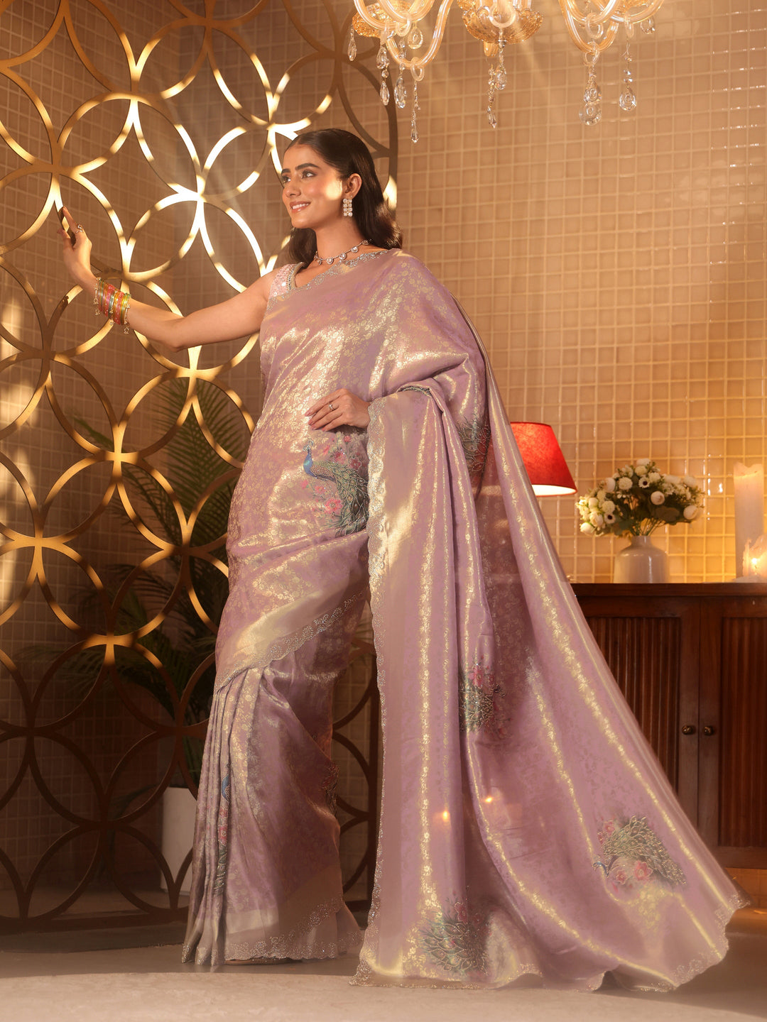  Lavender Floral Woven Design Silk Blend Saree 