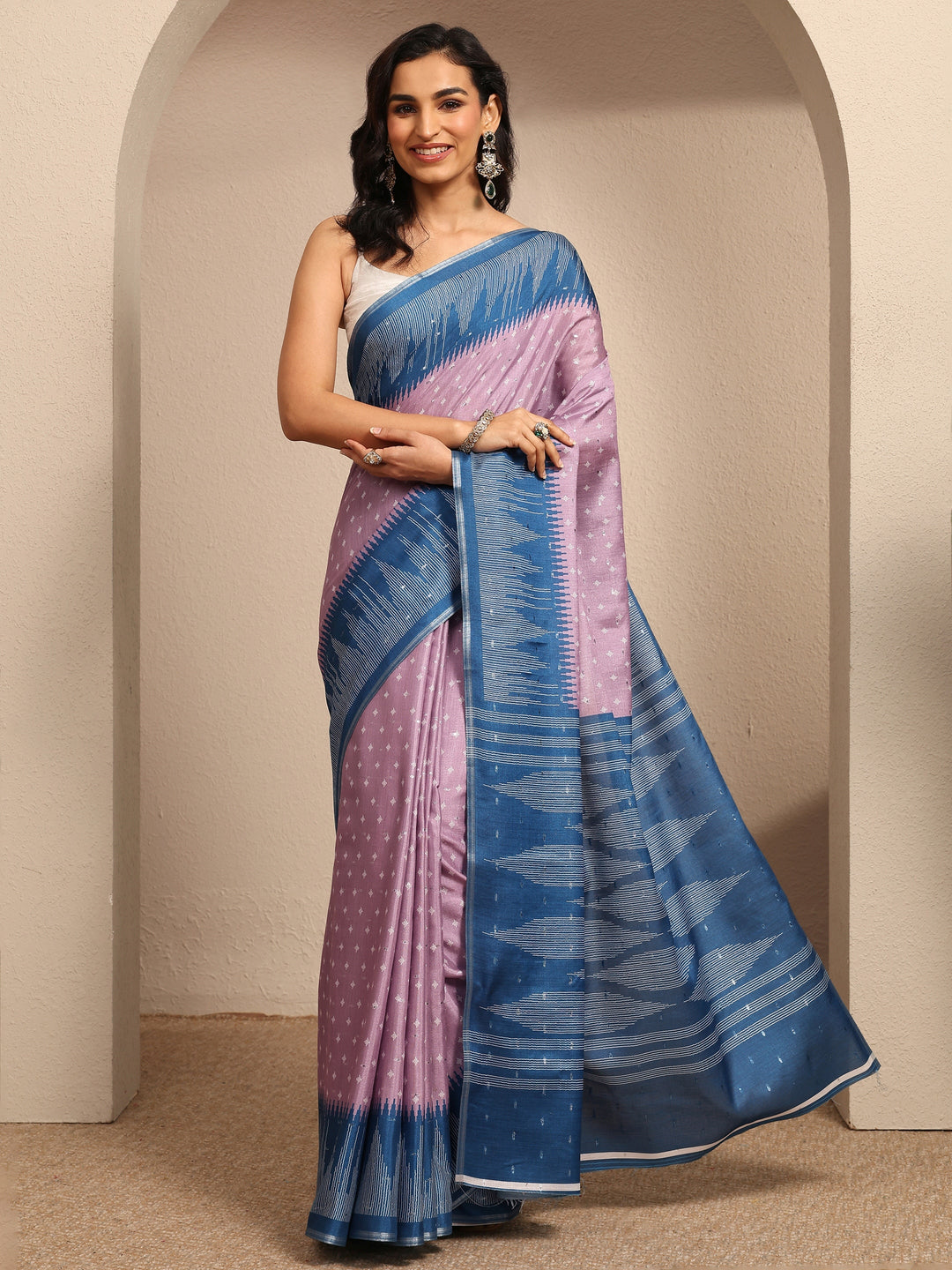 Lavender Ikat Woven Design Silk Blend Saree With Unstitched Blouse Piece