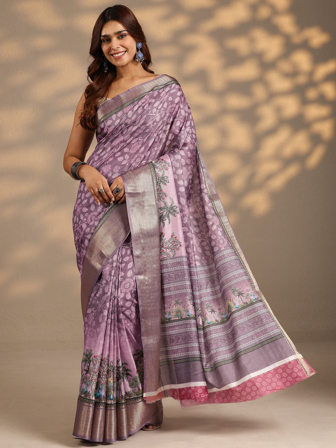 Lavender Printed Silk Blend Saree With Unstitched Blouse Piece