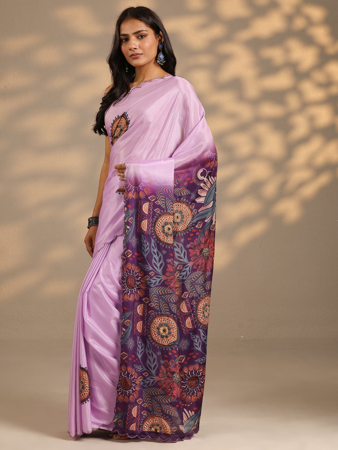 Lavender Printed Silk Blend Saree With Unstitched Blouse Piece