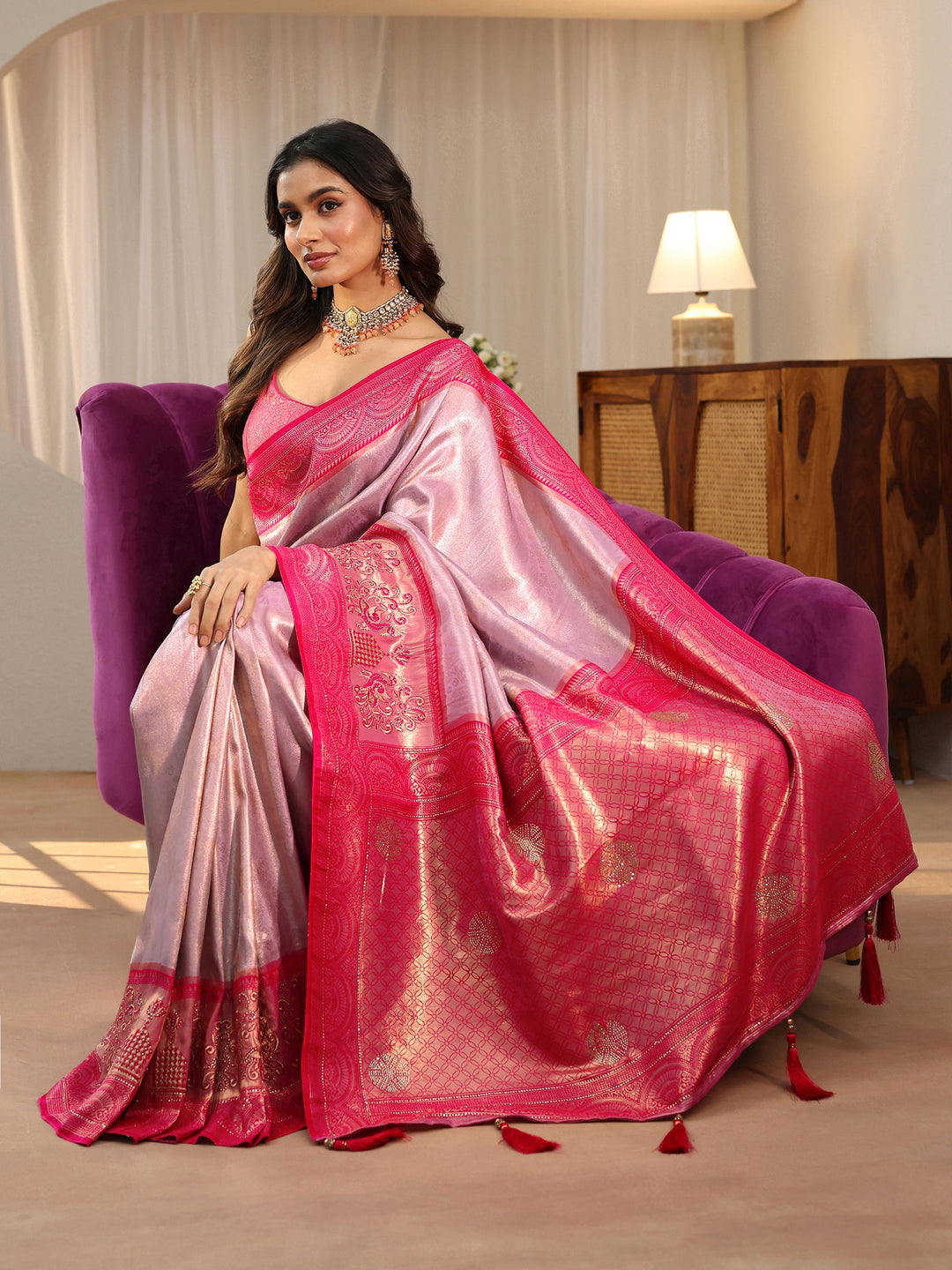  Lavender Silk Blend Saree with Woven Border 