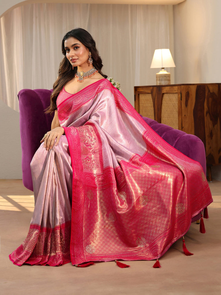 Libas Lavender Silk Blend Saree with Woven Border