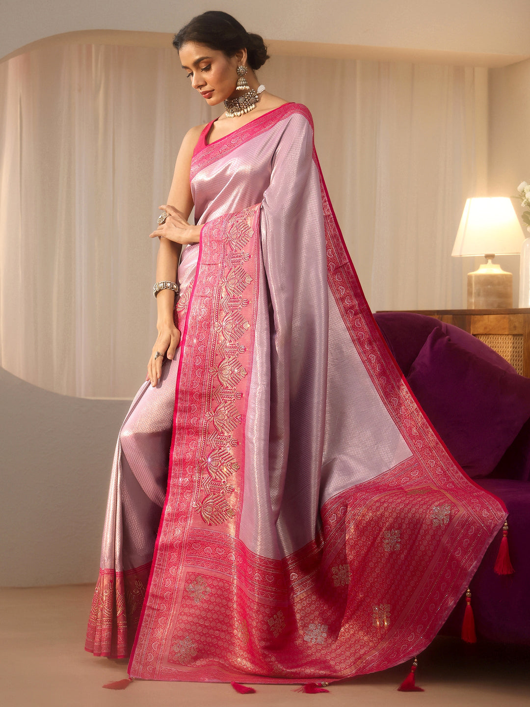  Lavender Silk Blend Saree with Woven Border 