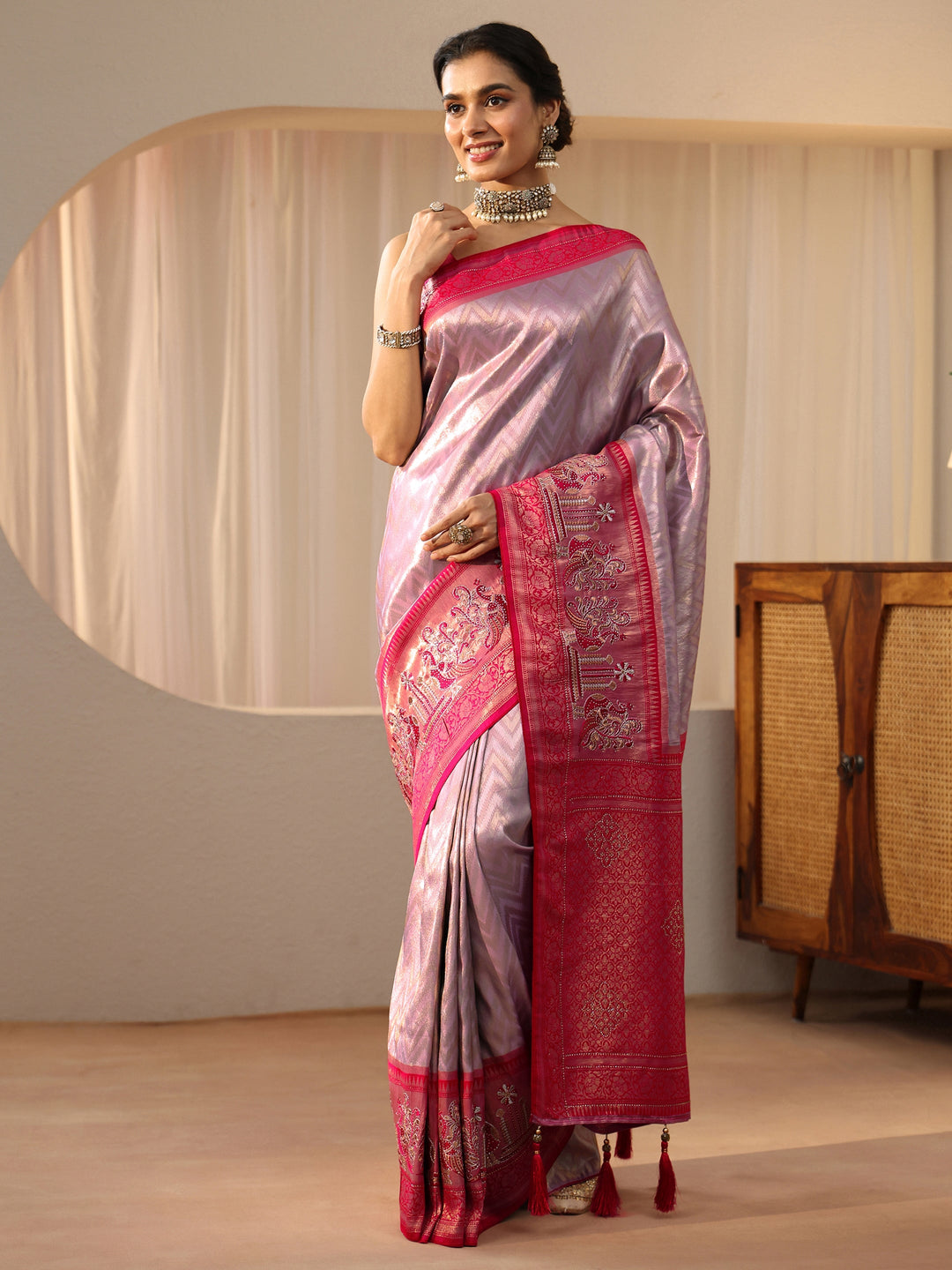  Lavender Silk Blend Saree with Woven Border 