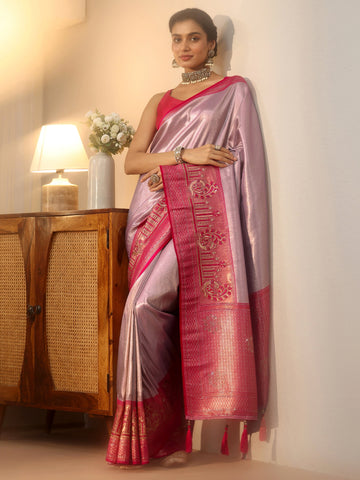 Libas Lavender Silk Blend Saree with Woven Border