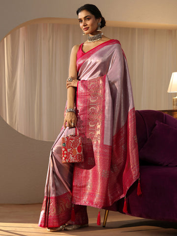 Libas Lavender Silk Blend Saree with Woven Border