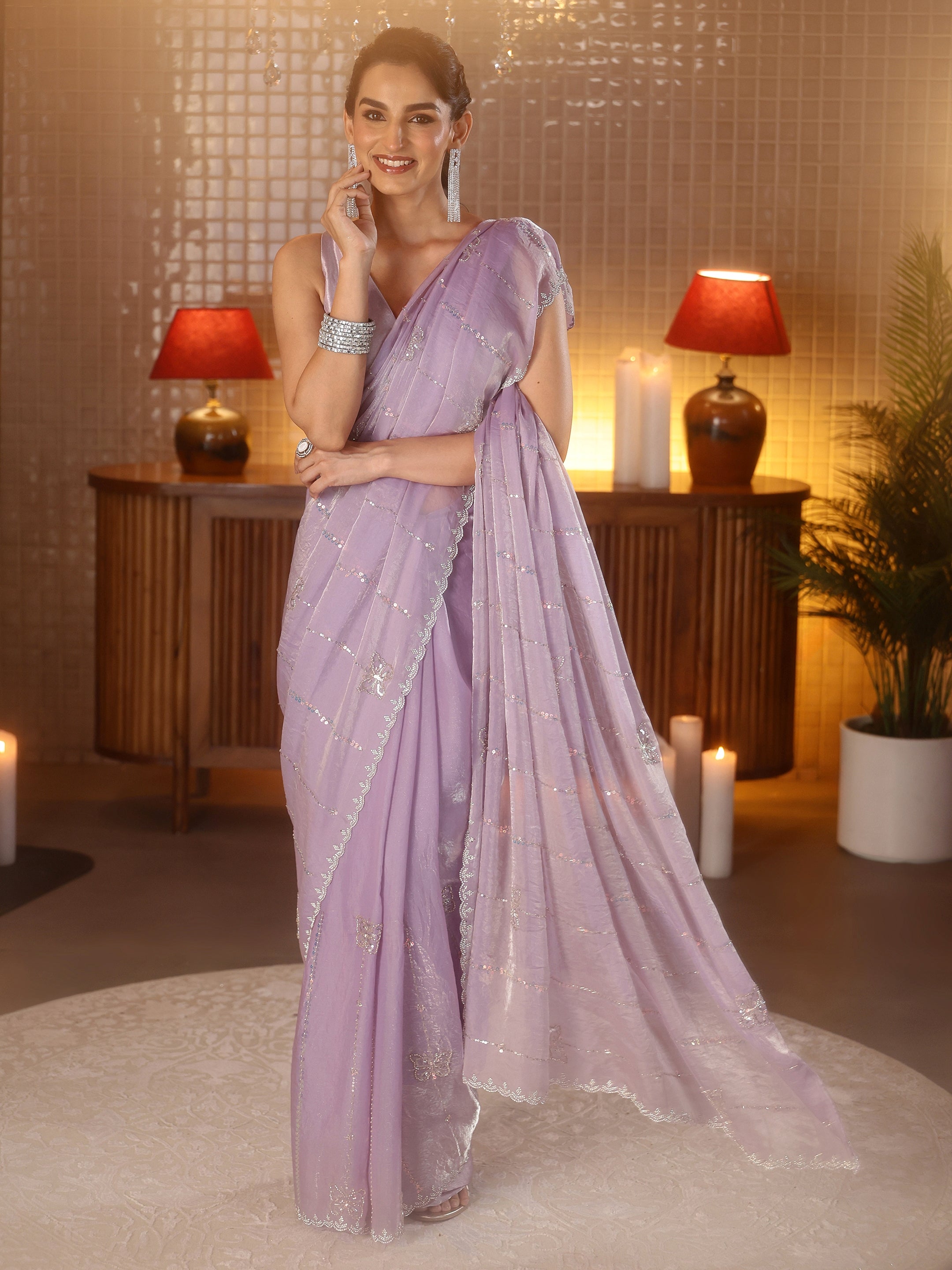 libas Lavender Striped Embellished Silk Blend Saree-picture-12