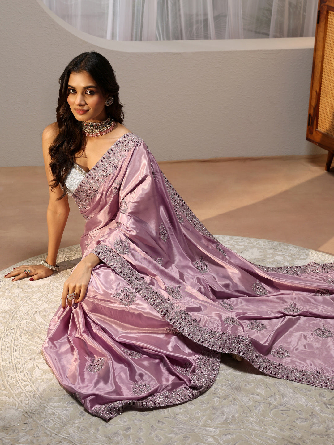  Lavender Floral Embroidered Satin Saree 