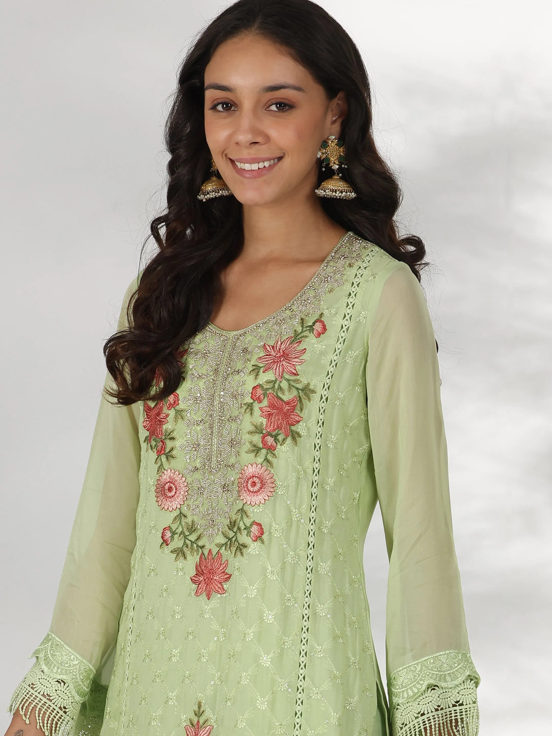  Green Embroidered Organza Straight Suit With Dupatta 
