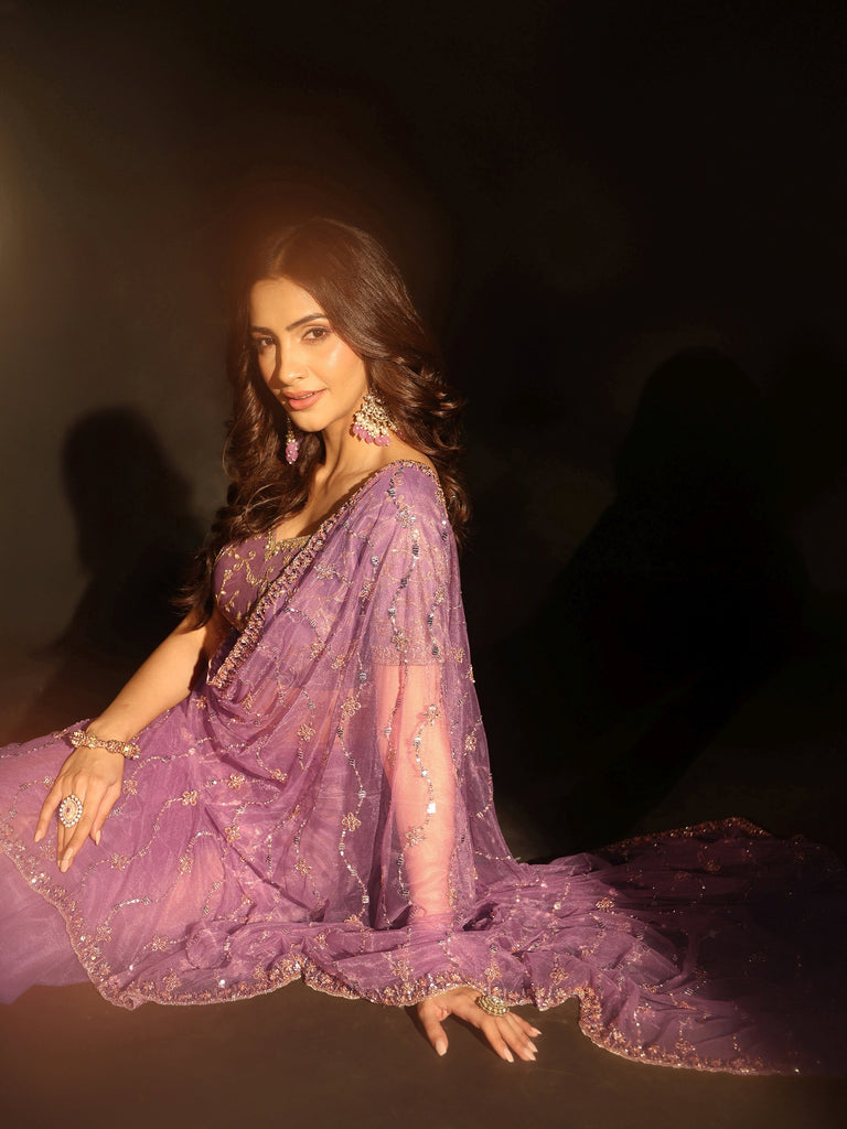Libas Amethyst Purple Embellished Wavy Pattern Net Saree